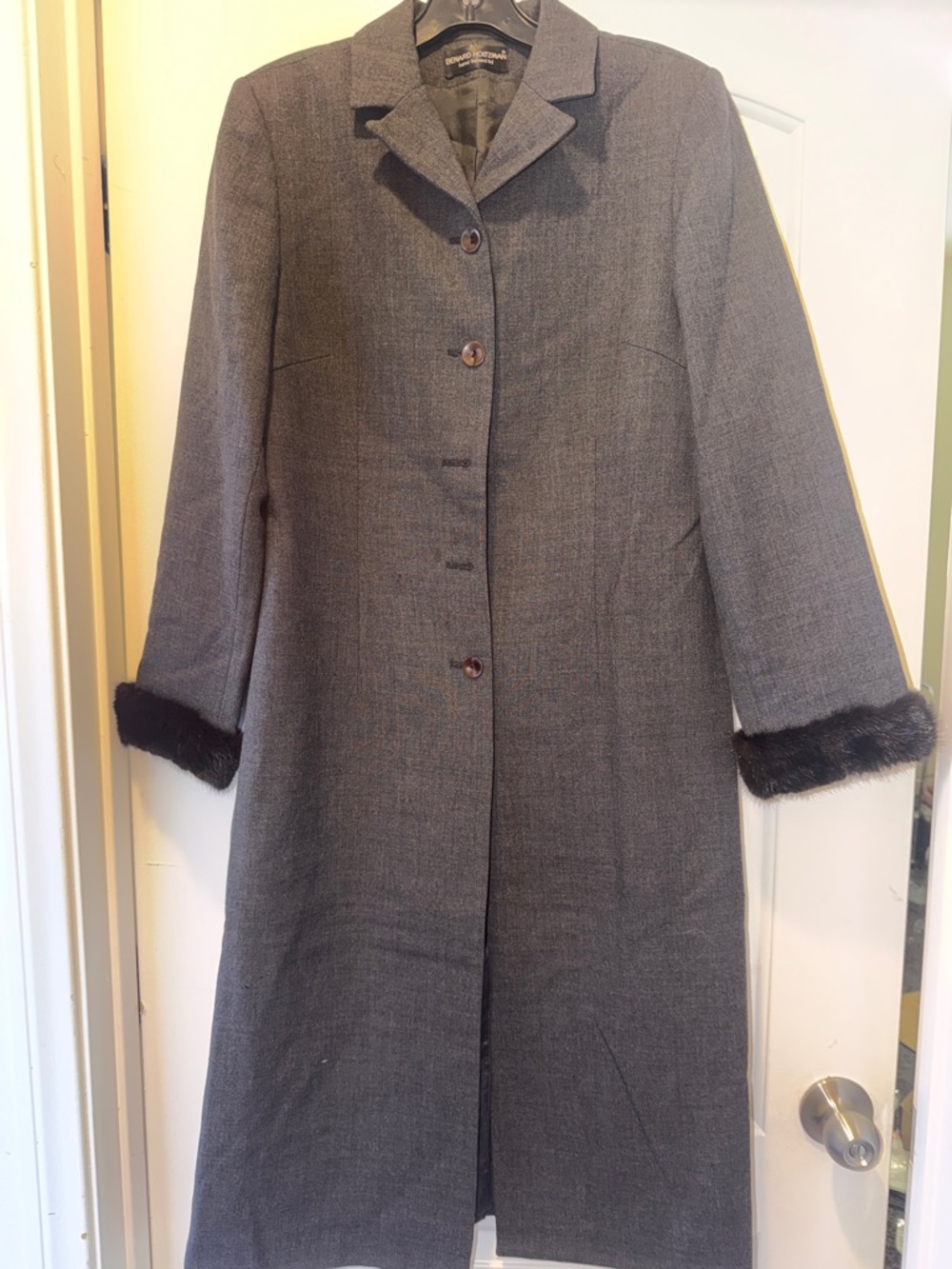Womens Gray Long Wool-Blend Coat with Fur Cuffs